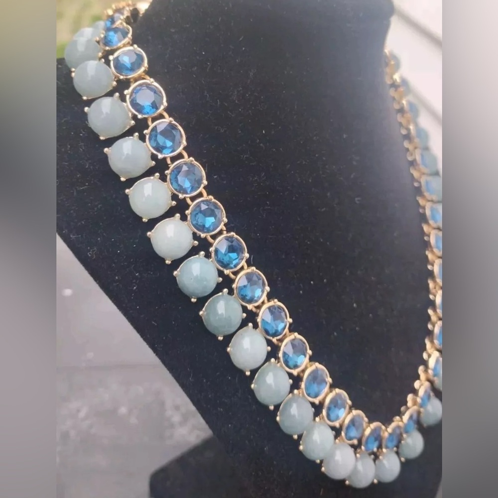 WHBM Gold Blue Double Row Statement Necklace | Genuine Jade & Glass Beads - Picture 4 of 6